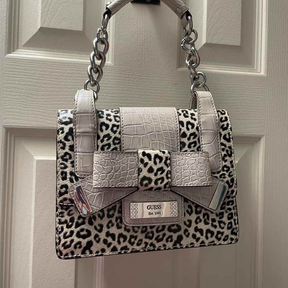 Guess Leopard Print Shoulder Bag with Silver Chain